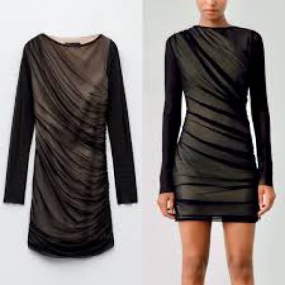 Zara Black & Nude Ruched Tulle Mesh Mini Dress MED NWOT - Picture 1 of 7